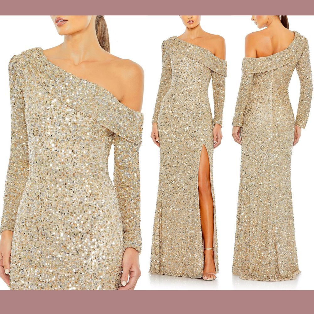 NWT‎ $498 Mac Duggal [ 2 ] 5449 Sequined One Shoulder Gown Shimmering Gold